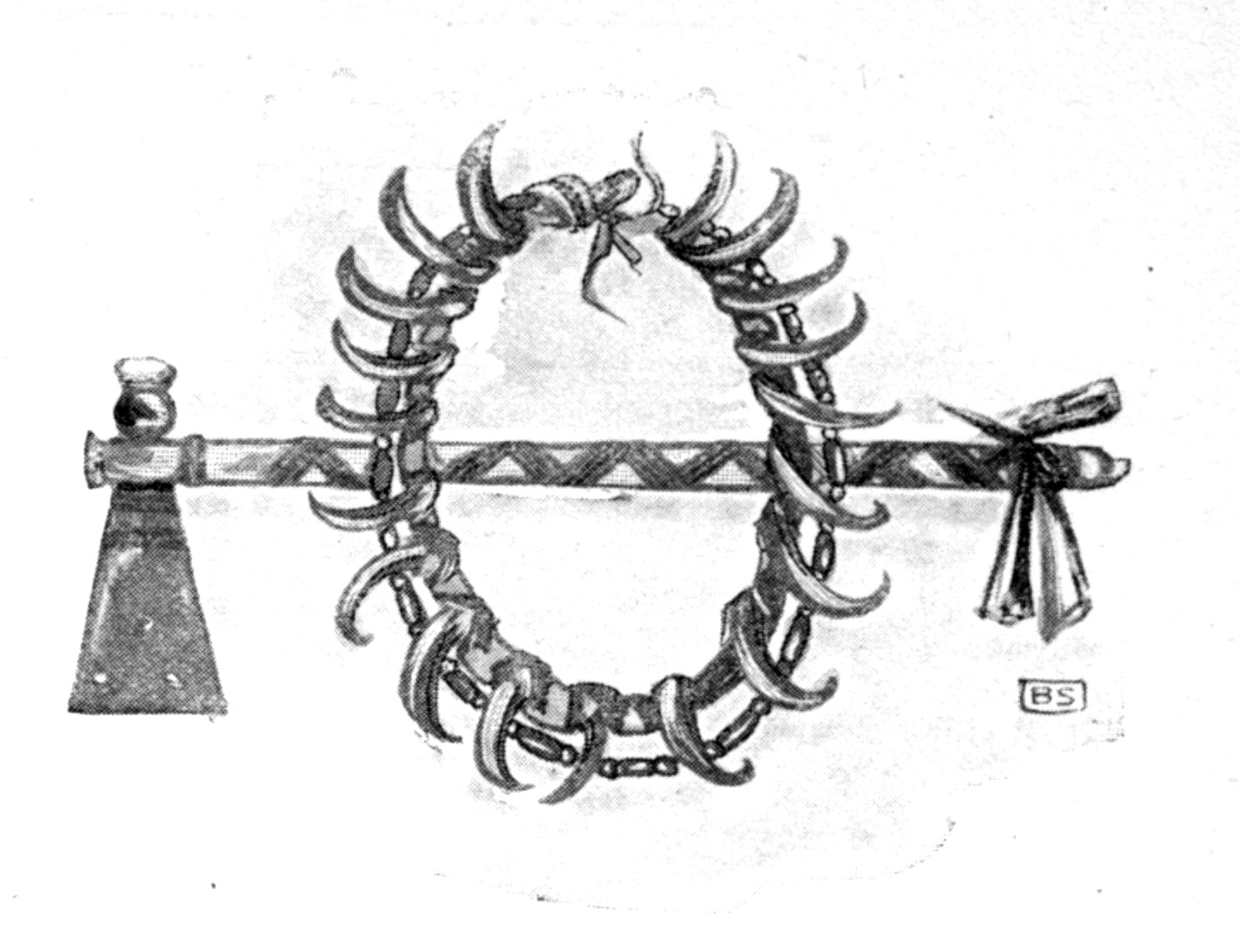 Black and white sketch. A hatchet extends horizontally, with the blade pointing downwards at the left. The shaft is decorated with feathers tied at the end. Overlaying the hatchet is a large necklace made of a string of beads and a string of teeth that curl outward from the center.