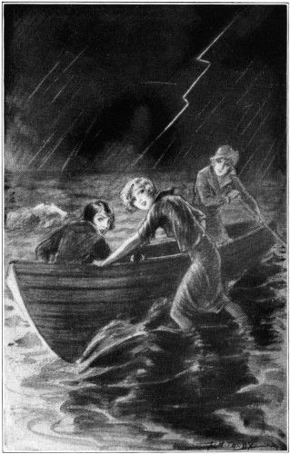 Nancy in water moving a boat with a strange girl at the rear oar; while Helen sits in the front. Heavy rain and lightning.