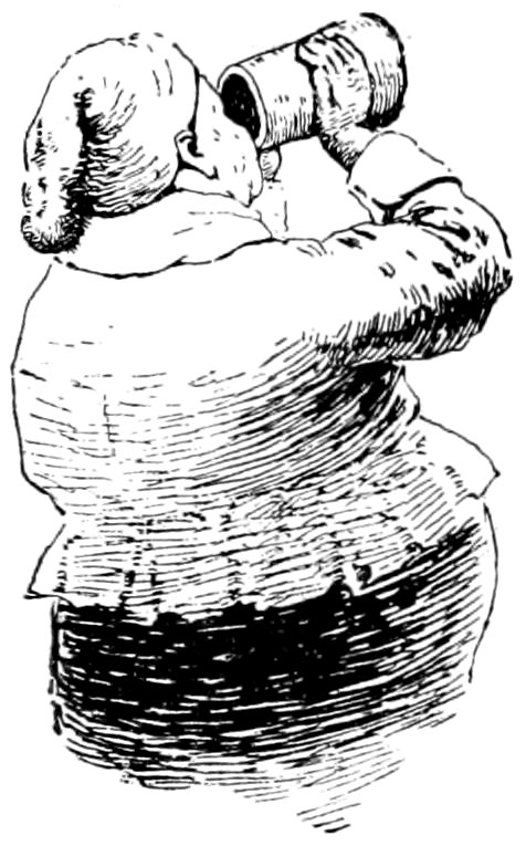 Black and white sketch of a man in a nightcap drinking from a large mug.