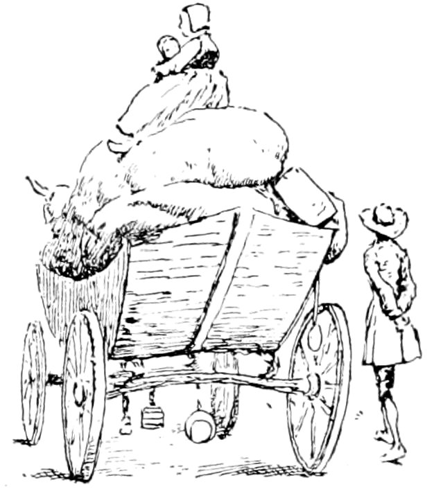 A vintage pen-and-ink drawing showing the back of a wooden cart loaded with sacks; a woman holding a child sits on top, while a man in a hat stands to the right.