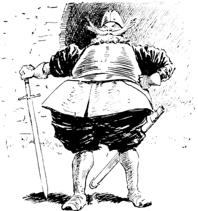 Black and white ink sketch of a portly, boastful soldier with a large mustache and helmet, leaning on a long sword with one hand on his hip.