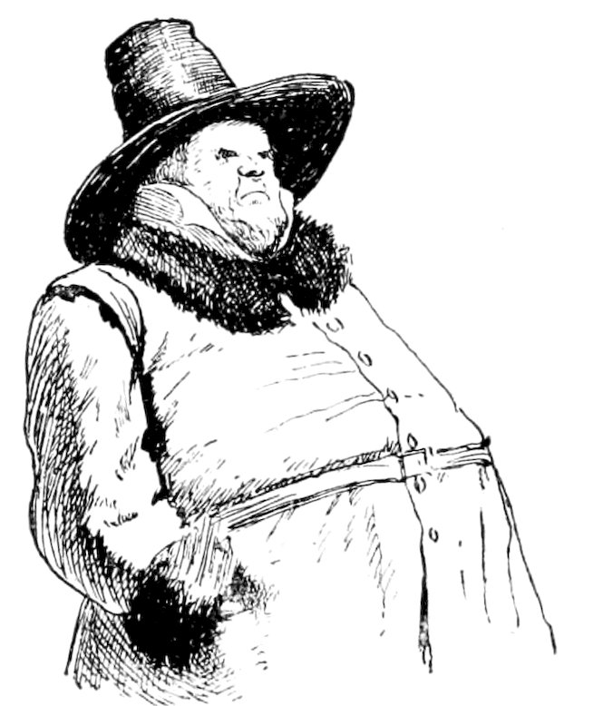 A vintage pen-and-ink drawing of a stern, portly man in 17th-century attire, wearing a tall hat, a fur-collared coat, and a belted tunic.