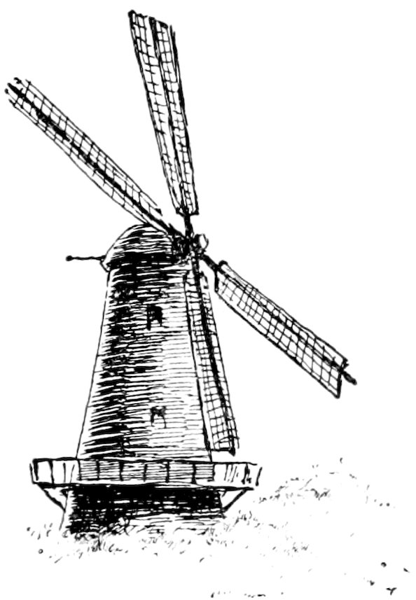 A vintage pen-and-ink drawing of a traditional tower windmill with four large sails, standing on a small grassy mound.