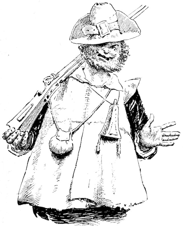 A vintage pen-and-ink drawing of a rugged man in a buckled hat carrying a musket over his shoulder, with pouches hanging from his neck and one hand outstretched.