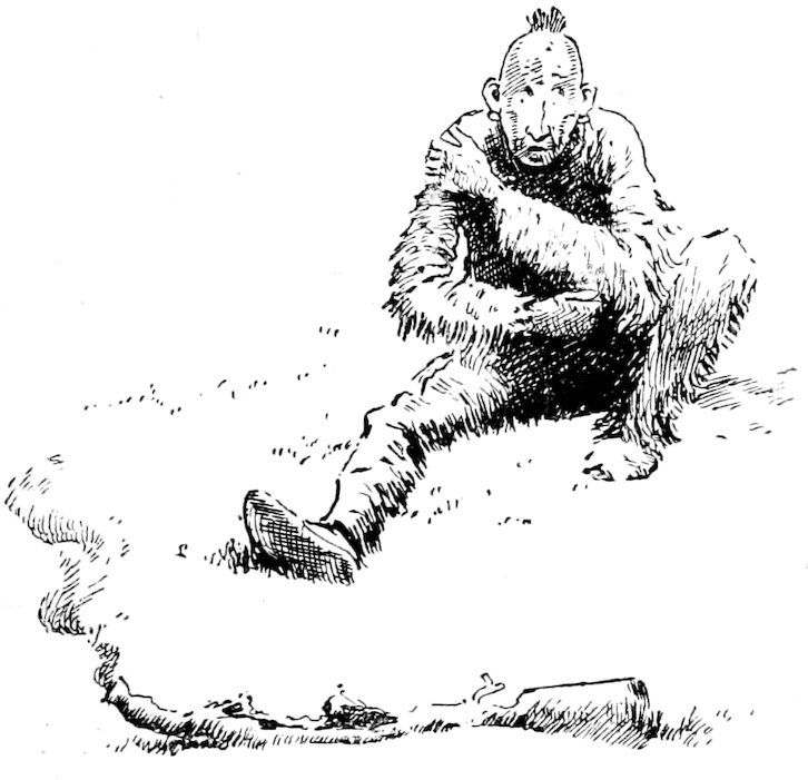 A vintage pen-and-ink drawing of a hairy, wild-looking man with a mohawk sitting on the ground, holding his arms and looking toward a musket in the grass.