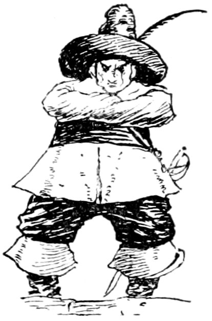 A vintage pen-and-ink drawing of a short, grumpy man in 17th-century attire standing with his arms crossed and a scowling expression.