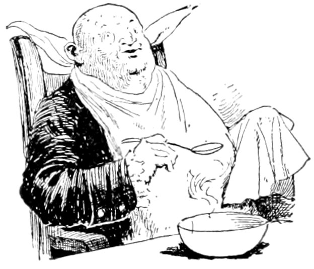 A vintage pen-and-ink drawing of a jolly, bald man sitting in a chair with a large napkin tucked into his collar, holding a spoon over a steaming bowl of soup.