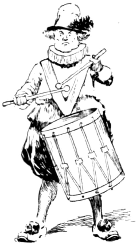 A vintage pen-and-ink drawing of a stern-faced man in 17th-century attire, wearing a tall feathered hat and a ruff collar, while playing a large field drum.