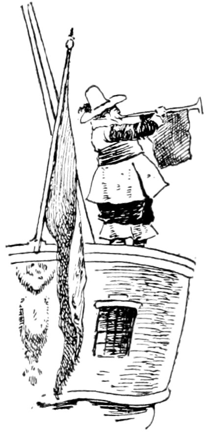 A vintage pen-and-ink drawing of a man in 17th-century attire standing on the deck of a ship, blowing a long trumpet with a banner attached.