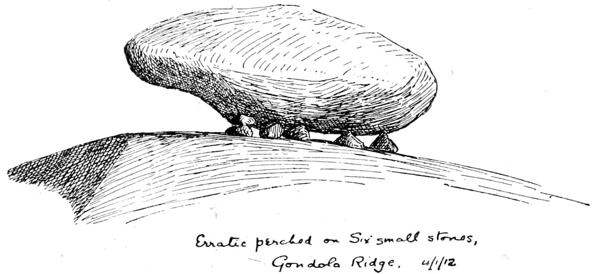 Erratic perched on six small stones, Gondola Ridge