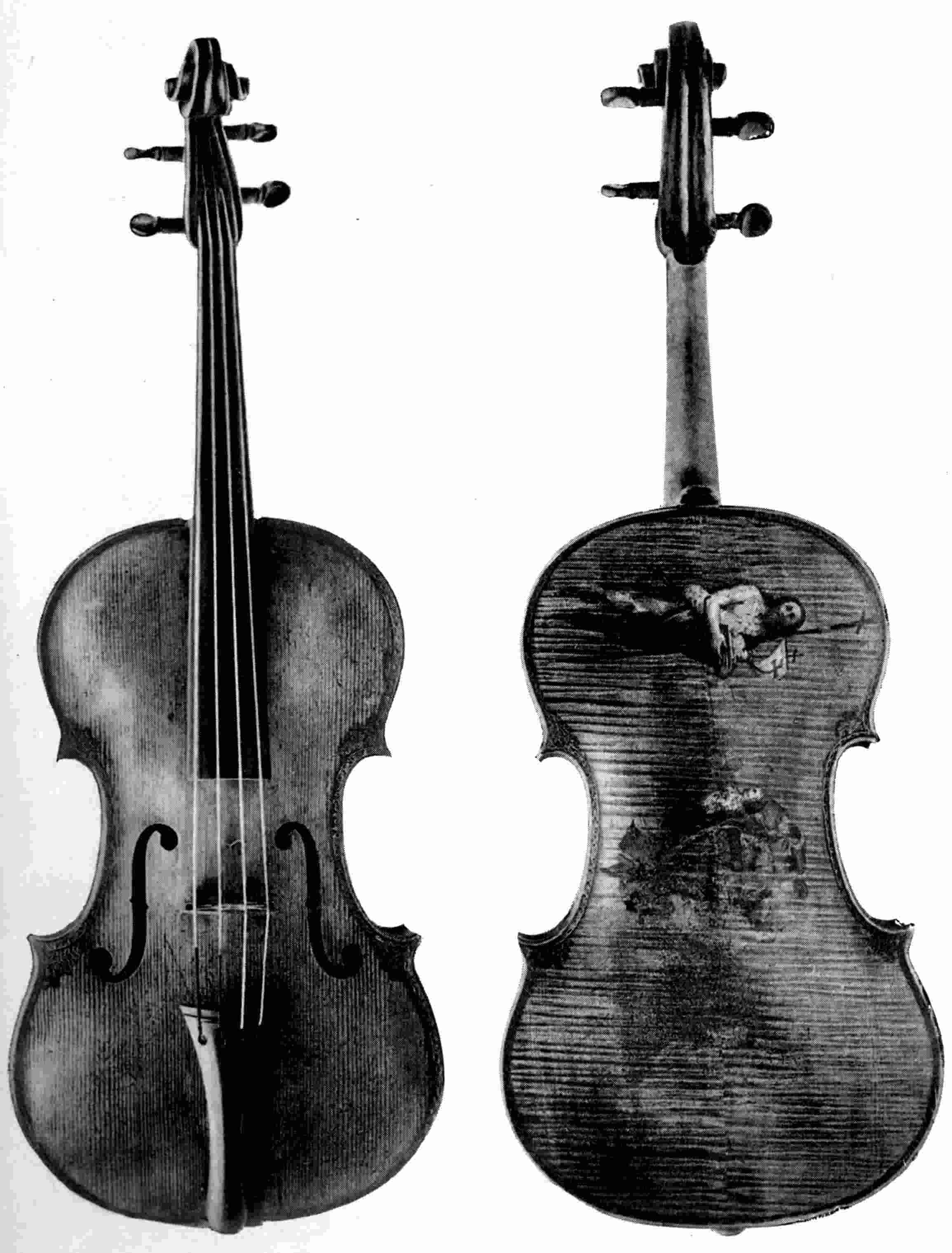 Picture of an old violin back and front.