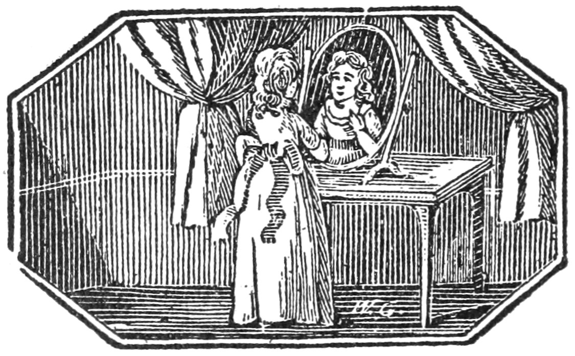 Woodcut of a girl standing in front of an oval mirror on a table looking at her reflection.