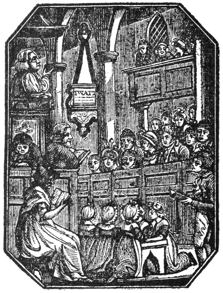 Woodcut of the interior of a chapel. Watts is at the pulpit, congregants in the pews, and children kneeling in prayer in the foreground.