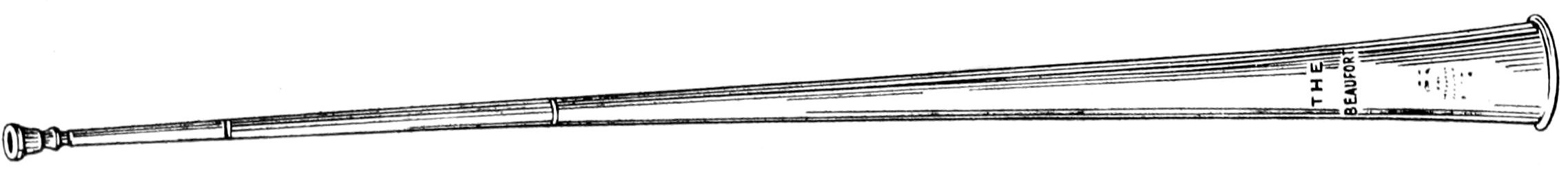 A vintage illustration of 'The Beaufort' hunting horn, showing it fully extended into a long, straight, conical brass instrument.