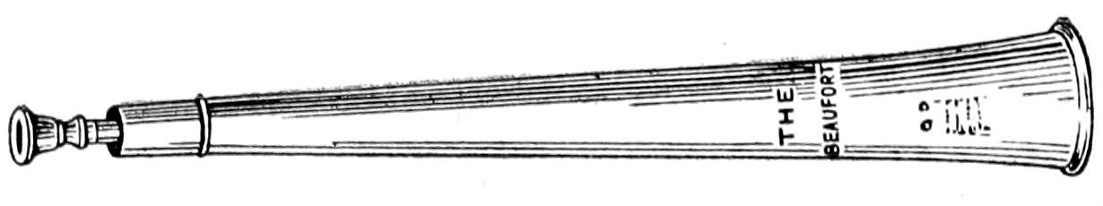 A vintage illustration of 'The Beaufort' hunting horn, showing it in a telescoped or shortened state with a straight, conical brass body.