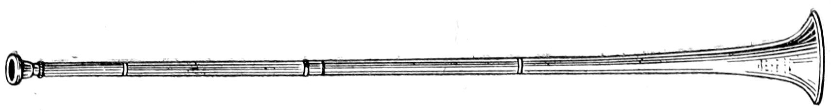 A vintage line drawing of a long, straight, and slender brass horn or trumpet with multiple joined segments, flaring out significantly at the bell.