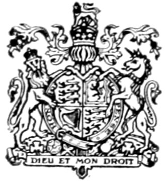 A detailed vintage woodcut of the British Royal Coat of Arms. A crowned lion on the left and a chained unicorn on the right support a circular shield enclosed by the Order of the Garter. A full crest with helmet, mantle, and small crowned lion sits on top, with the motto 'DIEU ET MON DROIT' on a banner below.
