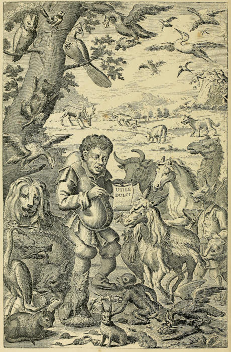 An engraving. A man (Æsop?)   stands under a tree. In one hand he holds a scroll of paper on which the words   UTILE DULCI can be seen. In the other hand he holds a pen. He is surrounded by   animals and birds, presumably gathered to hear him read what he has written.