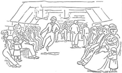 A simple line-drawing illustration of a man dancing energetically in the center of a room, surrounded by seated groups of men, women, and children watching from both sides.