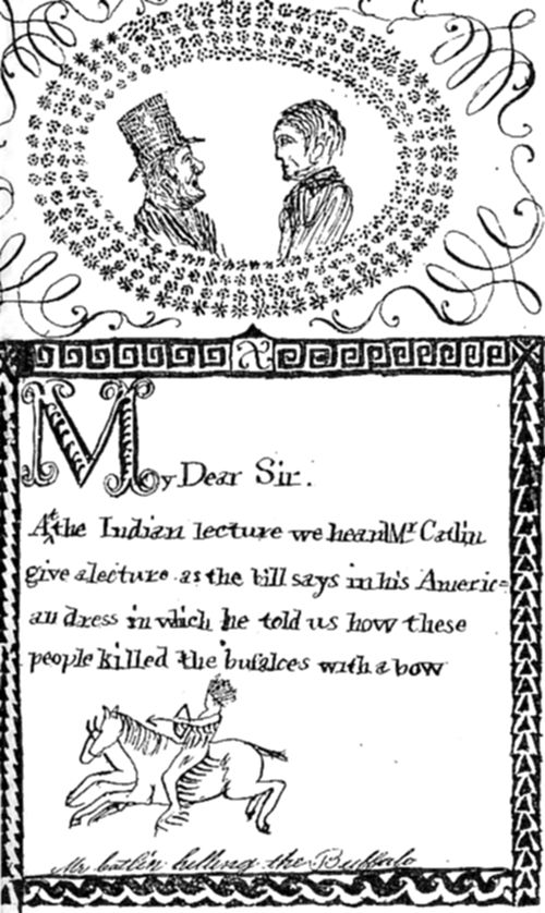 A decorative hand-illustrated letter page with an ornate floral wreath framing two profile sketches at the top, and an elaborately bordered text section below beginning with a large illuminated M.