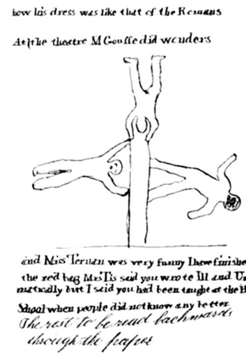 A handwritten diary page describing a theatre performance, accompanied by a whimsical sketch of an acrobatic contortionist balanced upside-down on a pole with limbs splayed outward.