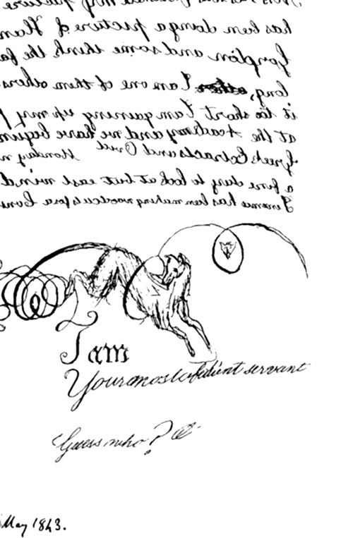 A handwritten letter page with mirror-written text at the top (meant to be read backwards), closing with a decorative flourish and a sketch of a leaping horse beneath a small framed vignette.