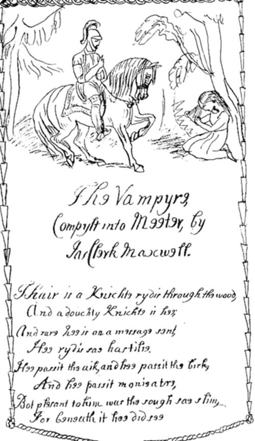 A decorative illustrated page within an ornamental rope-and-leaf border, depicting an armored knight on horseback beside a tree where a cloaked figure crouches in shadow.