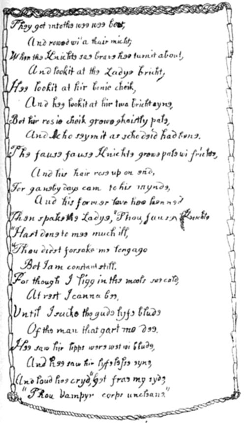 A handwritten page continuing The Vampyre poem within the rope-and-leaf border, describing the knight rowing the boat and turning to see the lady's cheek grow ghastly pale as he recognizes her as his former love, long since dead.
