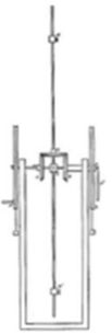 A technical diagram showing a tall vertical apparatus with a long rod or wire extending from top (M) to bottom (M'), passing through a central cross-shaped piece labeled A, C, and B, flanked by two large disk-shaped wheels labeled P and P' on either side.
