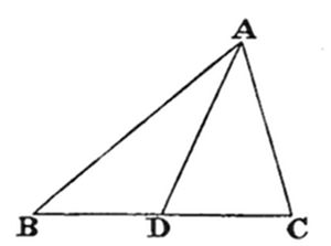 A triangle with vertices A (apex, top right), B (bottom left), and C (bottom right). Point D lies on base BC between B and C, with line segment AD drawn from apex A down to D.