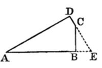 A triangle with vertices A (bottom left), B (bottom right), and D (top right). Point C lies on side BD near D, and point E lies on the base outside the triangle to the right of B, with dashed lines from C and D down to E.