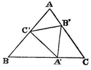 Large triangle with vertices A (top), B (bottom left), and C (bottom right). Midpoints A' (on BC), B' (on AC), and C' (on AB) form an inscribed medial triangle A'B'C', with all six connecting segments drawn, creating four smaller congruent triangles inside.