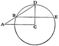 A circle with external point A to the left. A secant from A passes through chord points B and E (horizontal diameter line), with C marked at center. A second line from A meets the circle at D (top).