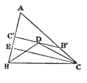 A triangle with vertices A (top left), B (bottom left), C (bottom right). Interior point D lies centrally with cevians from each vertex. Points C' (on AB, upper left), B' (on AC, middle right), and E (on AB below C') are marked, with dashed lines from D and B extending toward C.