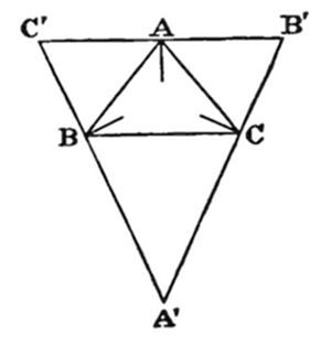 A large inverted triangle with vertices C' (top left), B' (top right), and A' (bottom). Inner triangle ABC is inscribed with A (top center), B (middle left), and C (middle right).