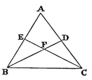 A triangle with vertices A (top), B (bottom left), C (bottom right). Cevian BD runs from B up to point D on AC, and cevian CE runs from C up to point E on AB.
