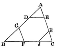 A triangle with vertices A (top right), B (bottom left), C (bottom right). A horizontal transversal cuts across the interior with points D (on AB) and E (on AC), and intermediate points G and H. Points F and J lie on base BC between B and C, with segments connecting G to F and H to J, forming a trapezoid with inner subdivisions.