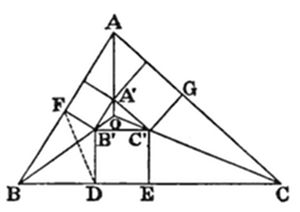 A triangle with vertices A (top), B (bottom left), C (bottom right). Medial triangle A'B'C' is inscribed with center point O inside. Points F (on AB), G (on AC), D and E (on BC) mark cevian feet. Multiple segments from vertices and medial points cross through O, forming a dense inner network of triangles and quadrilaterals.
