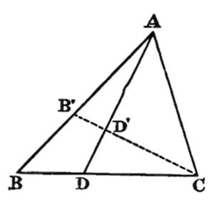 A geometric diagram of triangle ABC with interior points B', D, D' and dashed lines.