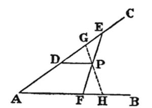 A triangle with vertices A (bottom left), B (bottom right), and an implied apex, with line EC crossing diagonally from upper right down through interior point P. Points D (on AP), G and E (above P), F and H (on base AB) mark intersections, with dashed lines from P to H.