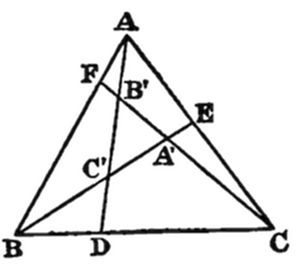 A geometric diagram of triangle ABC with multiple interior points A', B', C', D, E, F and intersecting cevians.