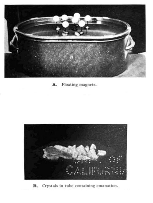 Two-part illustration: (A) floating magnets — small white spheres arranged in a symmetric pattern floating atop water in a metal basin; (B) crystals in tube containing emanation.
