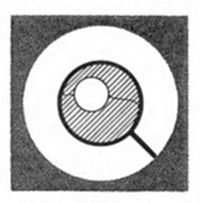 A diagram showing a circular shape within a square background, featuring a hatched crescent/ring pattern and a small unshaded circle.