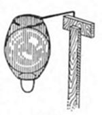 A diagram showing a round, textured balloon-like or bladder shape attached by a string to a wooden T-shaped support post.