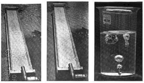 Three-part illustration: (A) stormy water — a photo of a rippling, turbulent water surface in a long trough; (B) oil stilling the storm — the same trough with a calmer, smoother water surface, demonstrating oil's effect of dampening waves; (C) grape in soda water.