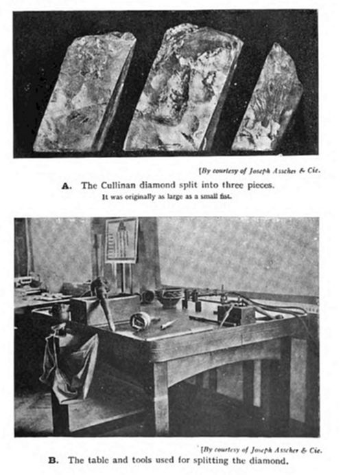 Two-part illustration: (A) the Cullinan diamond split into three pieces — a photo of three large rough rock/diamond fragments, noted as originally the size of a small fist; (B) the table and tools used for splitting the diamond.