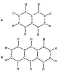 Two chemical structural diagrams (A and B) showing fused double-ring aromatic hydrocarbon structures — consistent with naphthalene, displaying two hexagonal carbon rings sharing an edge, each carbon bonded to hydrogen atoms around the periphery.