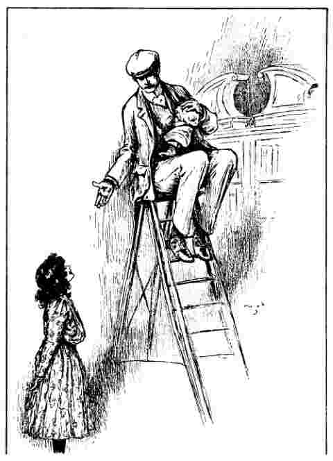 Betty talks to man sitting atop a ladder