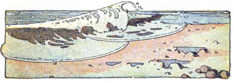A wave crashes onto the beach. In front of the wave lie sand, two pools of water, and some rock.