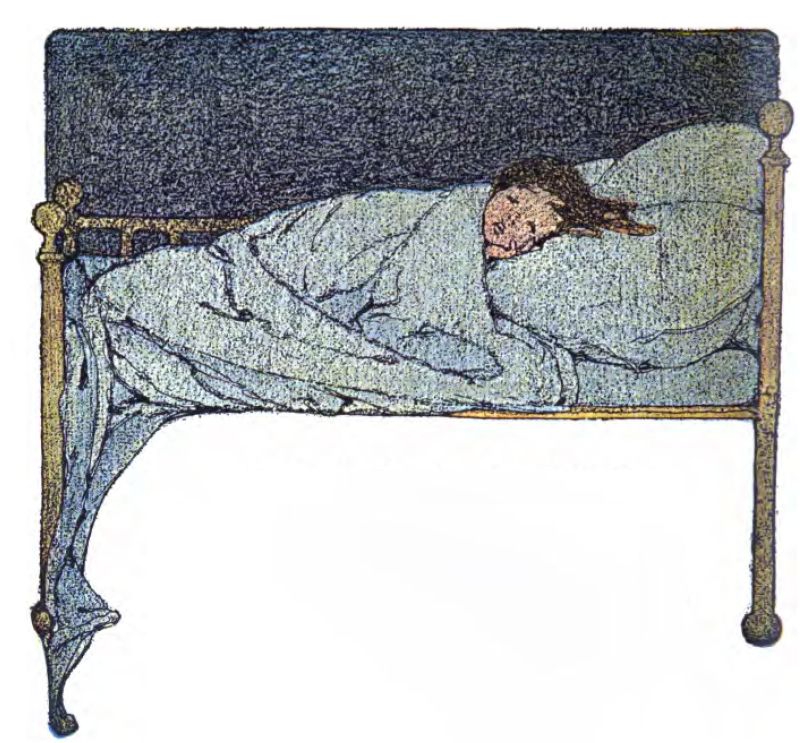 A child with short brown hair sleeps in bed covered by light blue bedding. The bed has a simple frame with thin metallic-colored posts. Behind the bed, the room is dark.